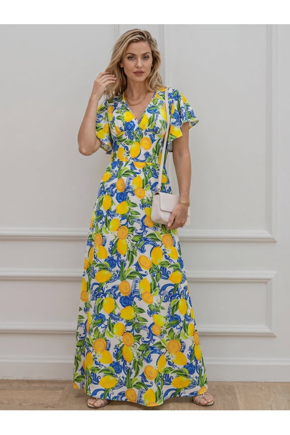 Women's V Neck Lemon Print Maxi Dress Short Flutter Sleeve Slim Fit Summer Vacation Long Sundress