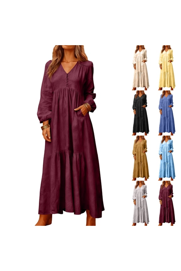 Women's Maxi Dress Long Sleeve V-Neck Loose Fit Button Down Cotton Linen Retro Swing Dress for Spring Fall Casual Daily Wear,Wine,2XL