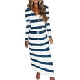 thumbnail image 1 of Women's Maxi Dress Long Sleeve V Neck Striped Drawstring Elastic Waist With Pockets Casual Full Length Dresses Navy Blue L, 1 of 2