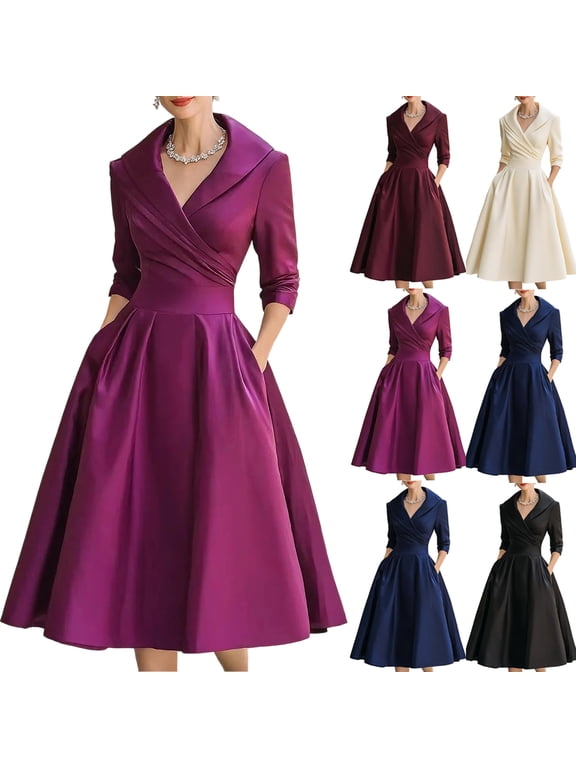 Women's Maxi Dress Long Sleeve V-Neck Waist Defining Solid Color Elegant Dress for Spring Fall Casual,Wine,L