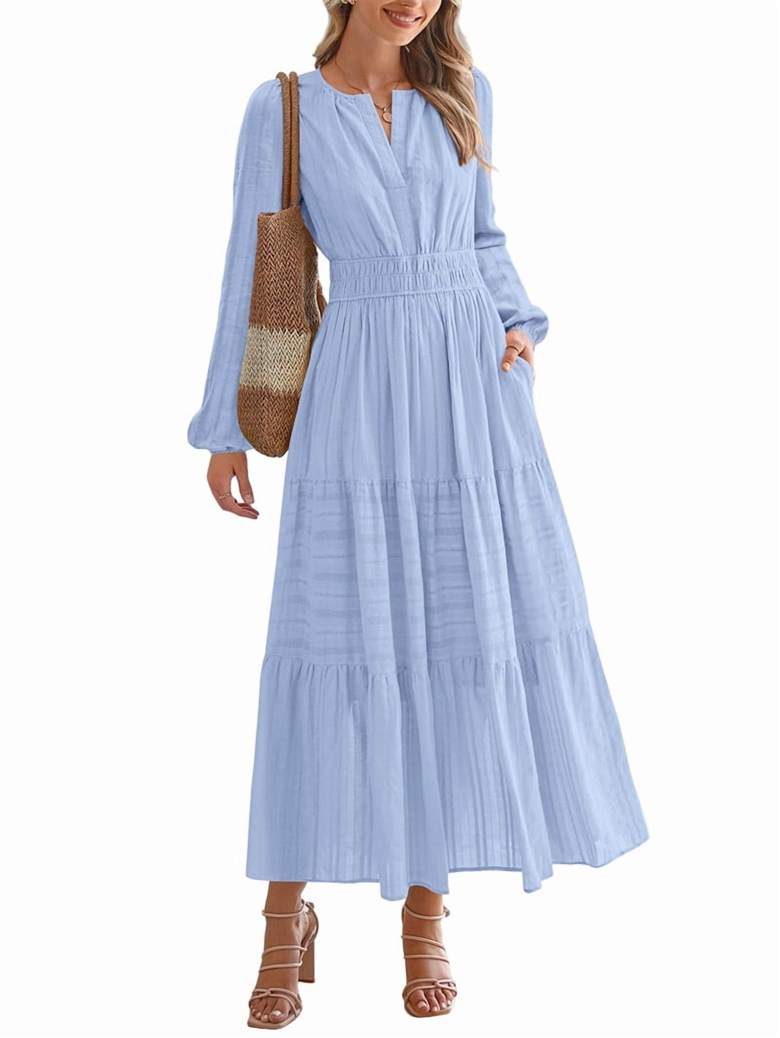 Women Casual Long Sleeve V Neck Elastic Waist Lightweight Maxi Wedding Guest Dress Pockets Blue L Women Casual Long Sleeve V Neck Elastic Waist Lightweight Maxi Wedding Guest Dress Pockets Blue L
