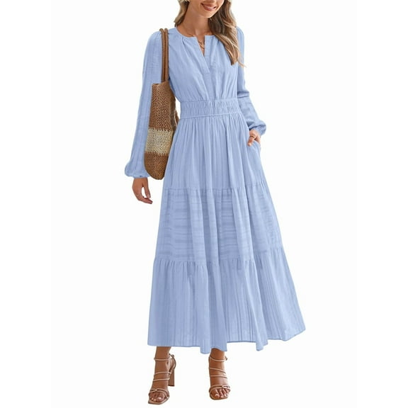 Women's Maxi Dress Long Sleeve V-Neck with Pockets, Casual Elastic Waist Lightweight Wedding Guest Dress for Fall Light Blue XXL