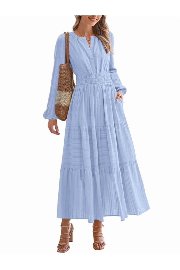 Women's Maxi Dress Long Sleeve V-Neck with Pockets, Casual Elastic Waist Lightweight Wedding Guest Dress for Fall Light Blue XXL