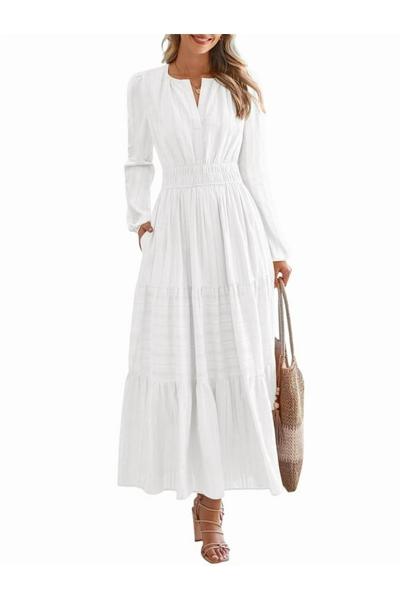 Women's Maxi Dress Long Sleeve V-Neck with Pockets, Casual Elastic Waist Lightweight Wedding Guest Dress for Fall White M