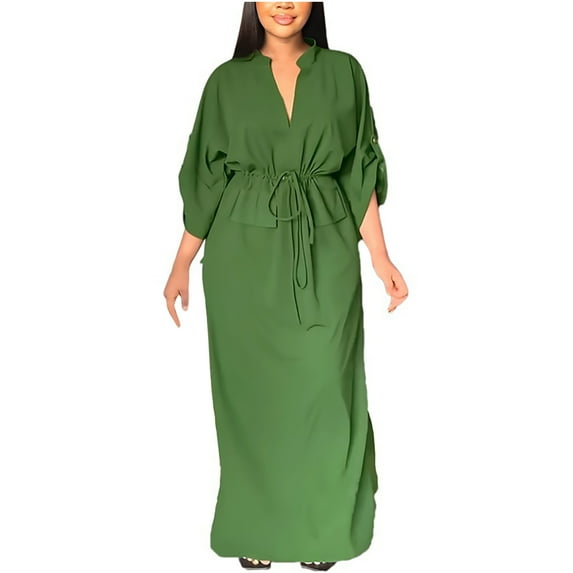 Women's Maxi Dress Loose Fitting Waistband Long Sleeve Dress for Women Casual Tulle Ball Gown for Women Work Dress V-Neck Solid Color Long Sleeved Side Slit Summer Dress Green M