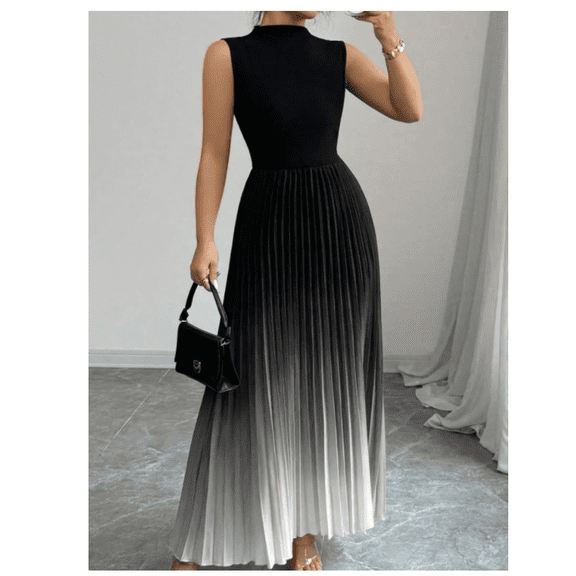 Women's Maxi Dress Ombre Mock Neck Sleeveless Pleated A Line Flowy Long Dresses