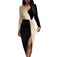 thumbnail image 1 of Women's Maxi Dress Patchwork Printed V-Neck Long Sleeve Sundress Black And Gold National Style High Waist Temperament Mid Length Waist Fall Holiday Dresses For Woman, 1 of 5
