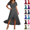 thumbnail image 1 of Women's Maxi Dress Plus Size V-Neck Short Sleeve Front Slit Solid Color Summer Beach Holiday Boho Flowy Long Dress, 1 of 7