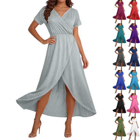 Women's Maxi Dress Plus Size V-Neck Short Sleeve Front Slit Solid Color Summer Beach Holiday Boho Flowy Long Dress