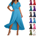 thumbnail image 1 of Women's Maxi Dress Plus Size V-Neck Short Sleeve Front Slit Solid Color Summer Beach Holiday Boho Flowy Long Dress, 1 of 7