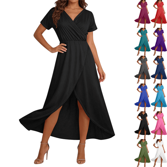 Women's Maxi Dress Plus Size V-Neck Short Sleeve Front Slit Solid Color Summer Beach Holiday Boho Flowy Long Dress