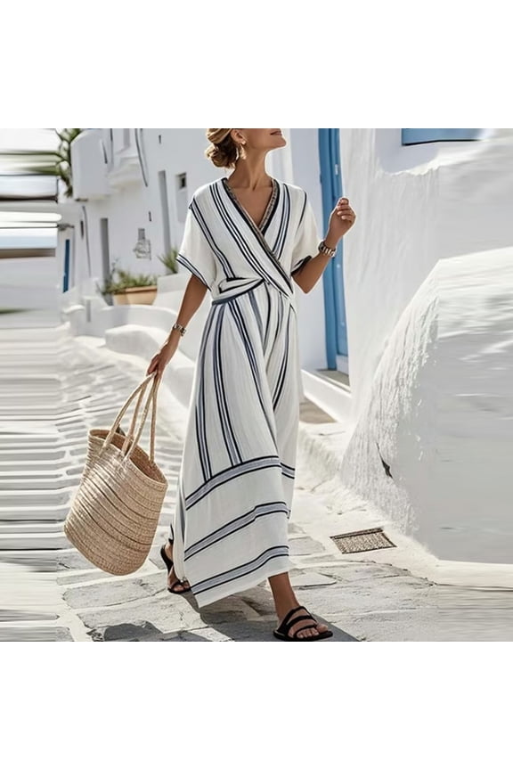 Women's Maxi Dress Plus Size Vertical Striped Print V-Neck Short Sleeve Empire Waist Wrap Long Dress Flowy Kaftan Style Vacation Resort Wear