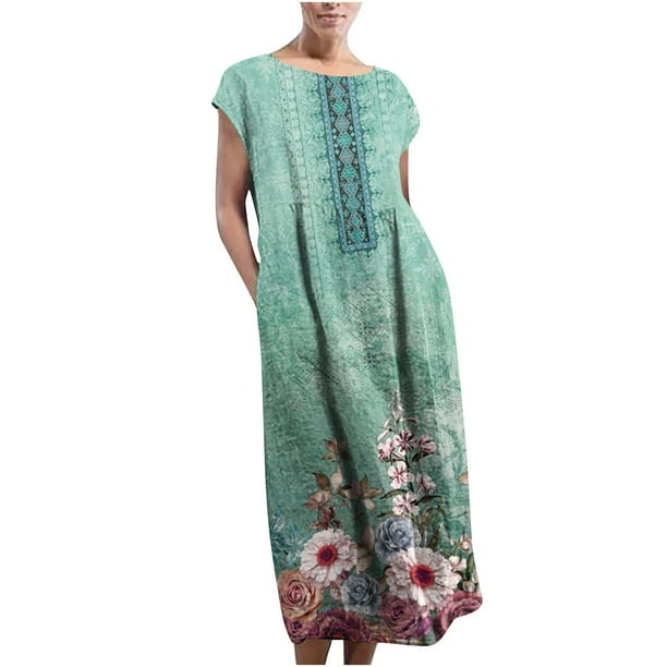 Women s Maxi Dress Print Plus Size Loose Summer Crew Neck Cotton Linen Long Dresses with Pockets Made In America Products Only Lighting Deal S 1