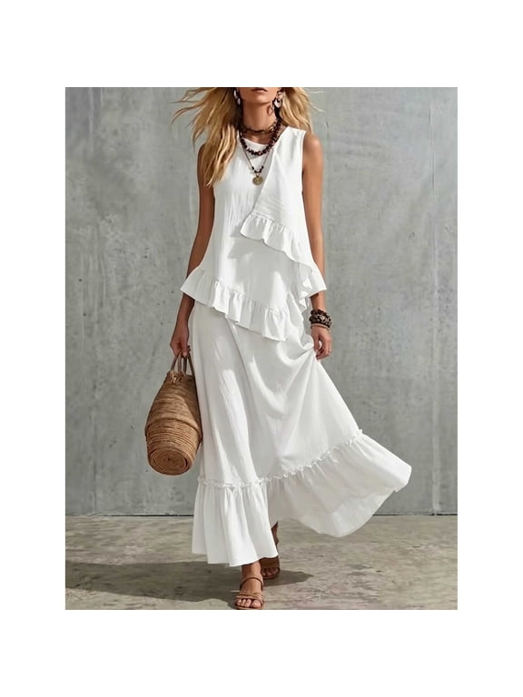 Women's Maxi Dress Sets V Neck Sleeveless Sets Boho Vacation Style Lightweight Breathable Ruffle Tiered Hem Two Piece Loose Fit Sets