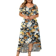Women's Maxi Dress Short Sleeve Flower Print Dresses Casual Loose Dress