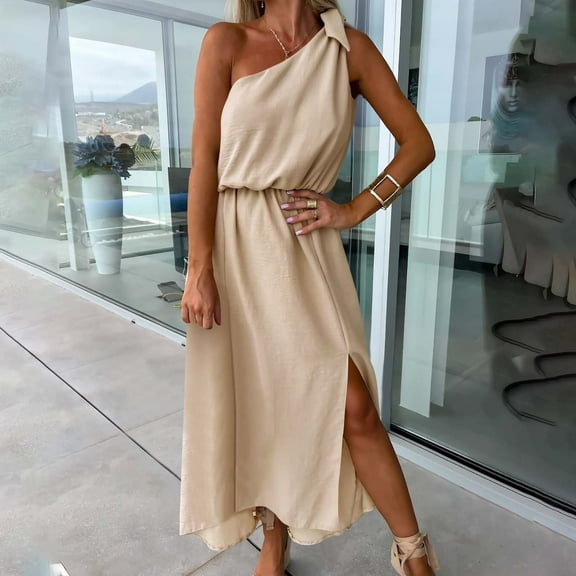 Women's Maxi Dress Sleeveless One Shoulder Sundresses for Women with Elastic Waist High Slit for Date Night Beach Party Summer Dress