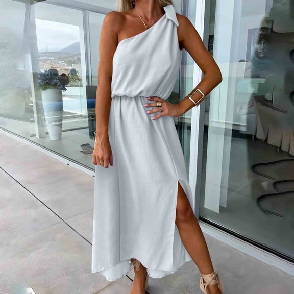 Women's Maxi Dress Sleeveless One Shoulder Sundresses for Women with Elastic Waist High Slit for Date Night Beach Party Summer Dress