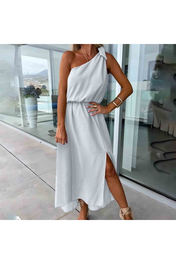 Women's Maxi Dress Sleeveless One Shoulder Sundresses for Women with Elastic Waist High Slit for Date Night Beach Party Summer Dress
