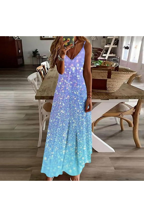 Women's Maxi Dress Sleeveless Spaghetti Strap V Neck Summer Dress for Beach Wedding Date Night Evening Party Sundress