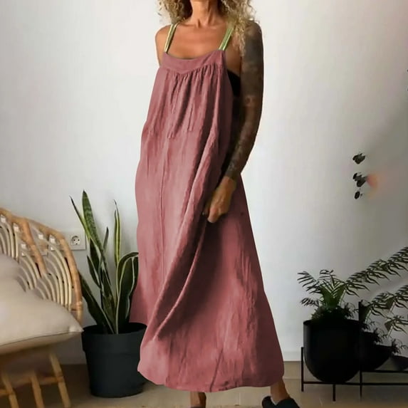 Women's Maxi Dress Smocked Summer Sundress Sleeveless Ruffled Spaghetti Straps Long Beach Formal Dress
