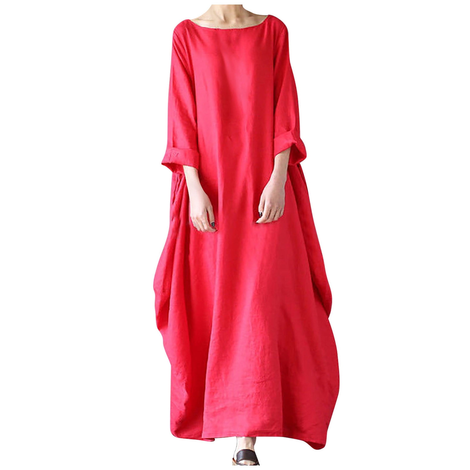 Women's Plus Size Loose Cotton Linen Maxi Dress - Long Sleeve With Pockets, Light Blue - View #10