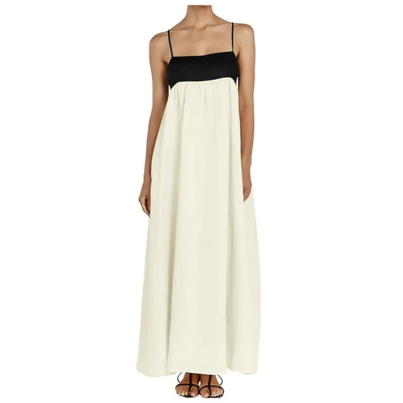 Women's Maxi Dress Summer Travel Outfits Contrast Trim Spaghetti Straps Sleeveless for Casual Beach Wear