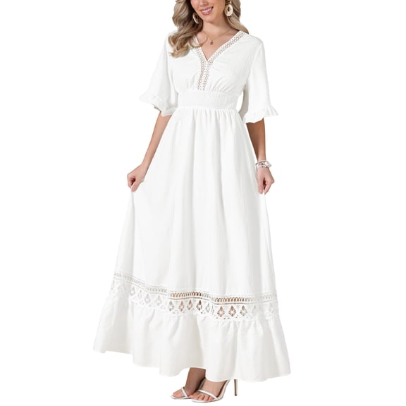 Women's Maxi Dress V Neck Lace Ruffle Short Sleeve Boho Wedding Flowy Long Dress L White