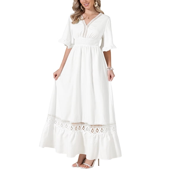 Women's Maxi Dress V Neck Lace Ruffle Short Sleeve Boho Wedding Flowy Long Dress XS White
