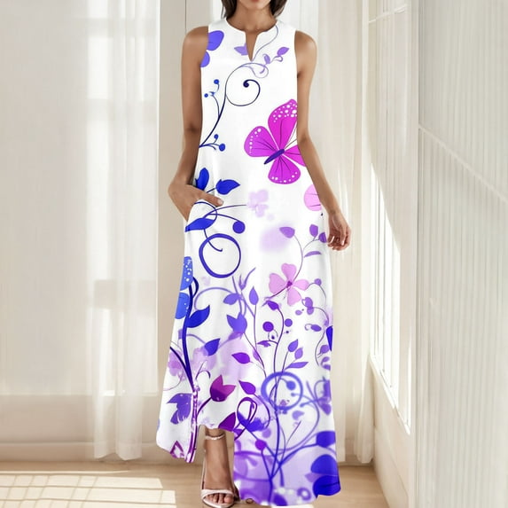 Women's Maxi Dress V Neck Sleeveless Floral Print Summer Dress Swing Style Comfort Fit for Vacation Resort Daily Casual Sundress