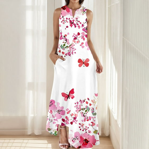 Women's Maxi Dress V Neck Sleeveless Floral Print Summer Dress Swing Style Comfort Fit for Vacation Resort Daily Casual Sundress