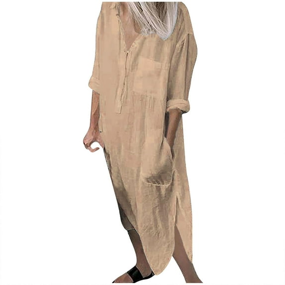 Women's Maxi Dress Women Easy Double Pockets Kaftan Dresses for Women Knitted Dress Long Sleeves Short Mini Dress Solid Color Long Shirt Dress Khaki 4XL