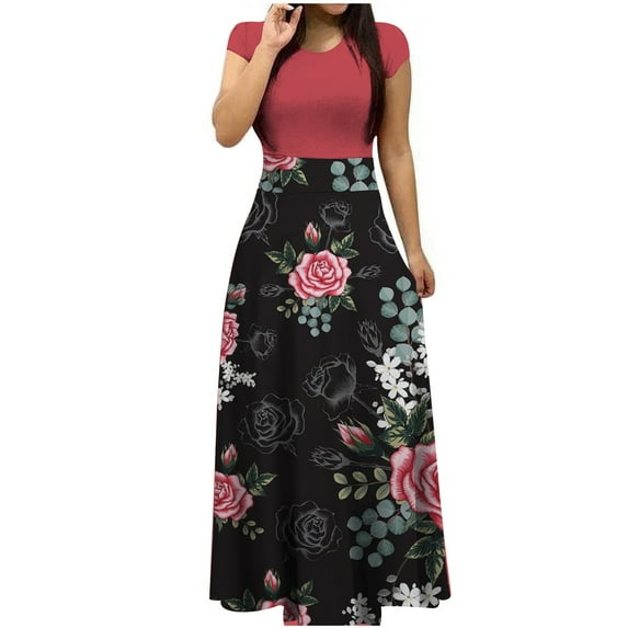 Women's Maxi Dresses Floral Vintage Elegant Long Dress Tunic Waisted Sundress Summer Casual Short Sleeve Midi Dress,Empire Waist Elegant Dresses for Women 2024