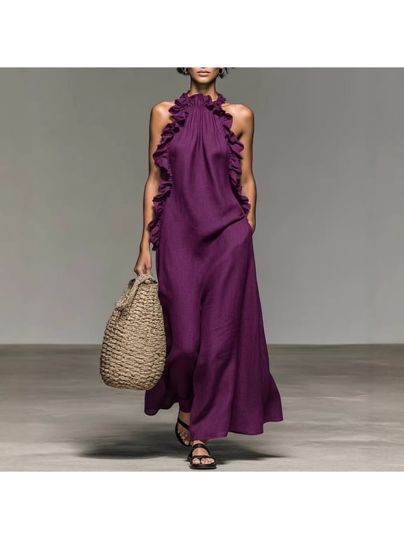 Women's Maxi Dresses Halter Neck Sleeveless Dresses Beach Resort Style Lightweight Breathable Ruffle Trim Loose Fit Dresses