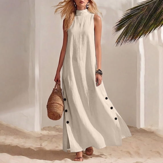 Women's Maxi Dresses High Neck Sleeveless Linen Blend Dresses Casual Daily Style Lightweight Breathable Button Slit Loose Fit Dresses