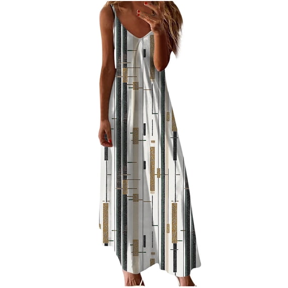 Women's Maxi Dresses Spaghetti Strap Sleeveless V Neck Print Sundress Summer Vacation Outfits For Women (XXL, Khaki)
