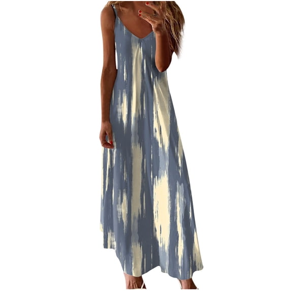 Women's Maxi Dresses Spaghetti Strap Sleeveless V Neck Print Sundress Summer Vacation Outfits For Women (XXL, Light Blue)