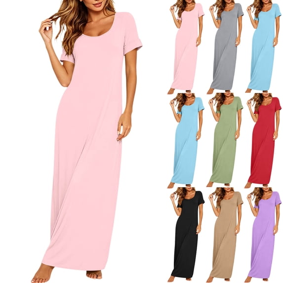 Women's Maxi Dresses U Square Neck Cuffed Short Sleeve Solid Color Loose Casual Dress for Sleeping