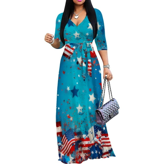 Women's Maxi Floral Print Casual 3/4 Sleeve V-Neck Wrap Tie Waist Long Dress For Women Plus Size Summer Vacation Boho Beach Chic Curvy Elegant Outwear Vestidos
