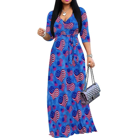 Women's Maxi Floral Print Casual 3/4 Sleeve V-Neck Wrap Tie Waist Long Dress For Women Plus Size Summer Vacation Boho Beach Chic Curvy Elegant Outwear Vestidos