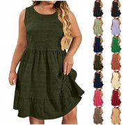 Womens Maxi Flowy Dress A Line Fashion Plus Size Casual Solid Sleeveless Round Neck Dress Beach Vacation