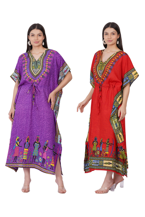 Womens Maxi Kaftan Dress Loose Fit | Ethnic Printed Beach & Resort Wear Kaftan with Adjustable Waist Tie SET OF 2