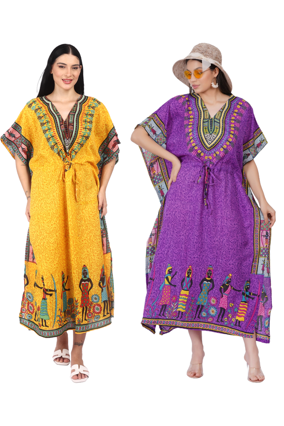 Womens Maxi Kaftan Dress Loose Fit | Ethnic Printed Beach & Resort Wear Kaftan with Adjustable Waist Tie SET OF 2
