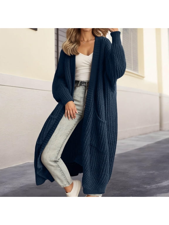 Women's Maxi Length Cardigan, Loose Fit Knit Sweater Coat, Long Sleeve Open Front Duster, Solid Color Lounge Wear, Casual Oversized Cover Up Dark Blue L
