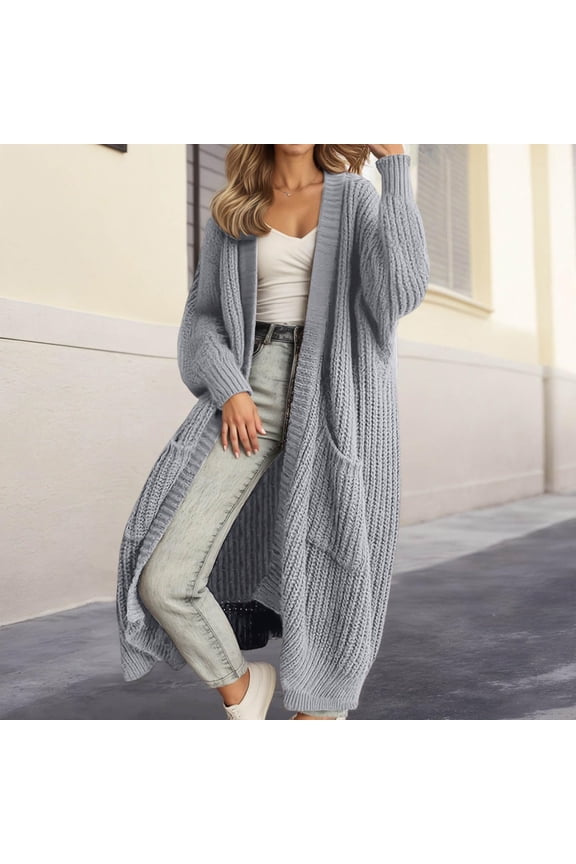 Women's Maxi Length Cardigan, Loose Fit Knit Sweater Coat, Long Sleeve Open Front Duster, Solid Color Lounge Wear, Casual Oversized Cover Up Light Ashy S