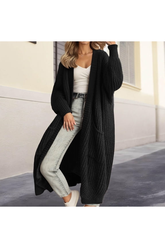 Women's Maxi Length Cardigan, Loose Fit Knit Sweater Coat, Long Sleeve Open Front Duster, Solid Color Lounge Wear, Casual Oversized Cover Up Black L