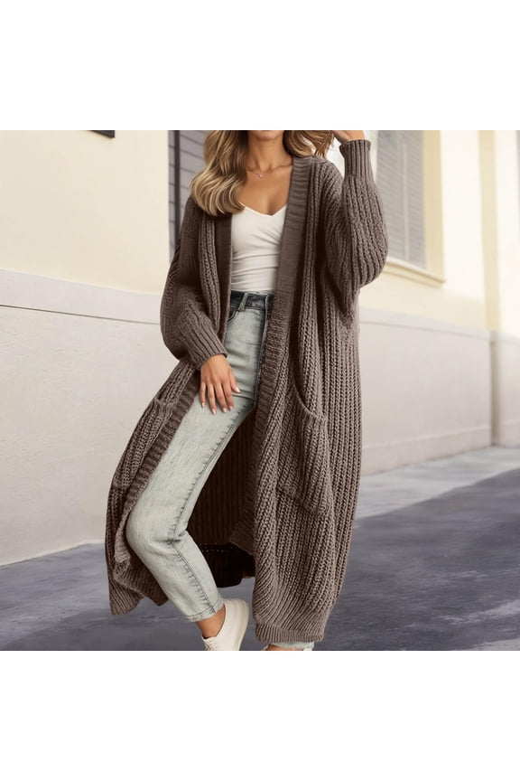 Women's Maxi Length Cardigan, Loose Fit Knit Sweater Coat, Long Sleeve Open Front Duster, Solid Color Lounge Wear, Casual Oversized Cover Up Brown L