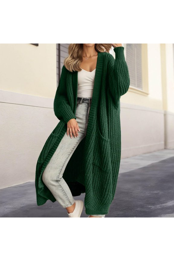 Women's Maxi Length Cardigan, Loose Fit Knit Sweater Coat, Long Sleeve Open Front Duster, Solid Color Lounge Wear, Casual Oversized Cover Up Green XL