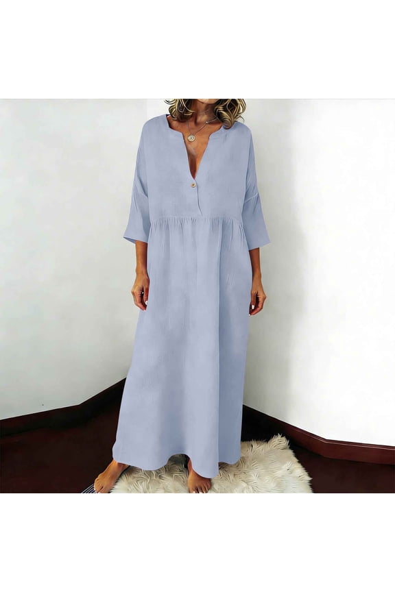Women's Maxi Linen Dress Loose Fit Deep V-Neck 3/4 Sleeve Empire Waist Full Length Kaftan Dress Flowy Oversized Vacation Long Dress