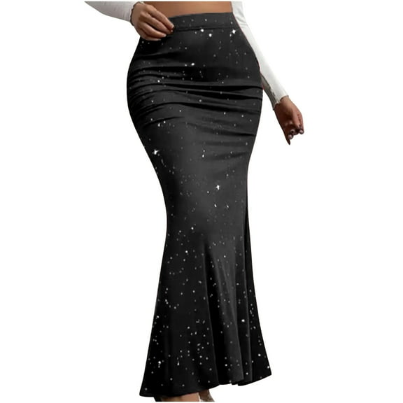 Women's Maxi Mermaid Bodycon Skirt 2025 Trendy Summer Casual High Waisted Ruffle Ruched Long Sparky Skirts Party Bodycon Midi Skirt Skirts with Pockets for Women Black S
