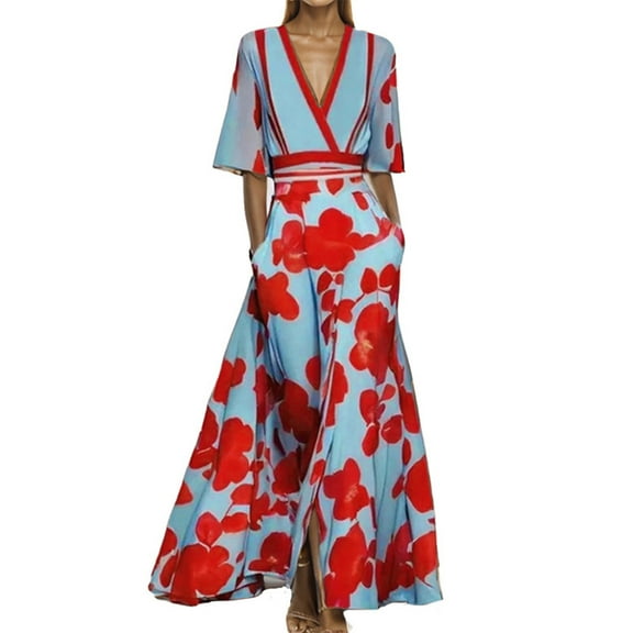 Women's Maxi Party Dress Summer Beach Wrap Short Sleeve V-Neck Floral Print Dresses with Pockets
